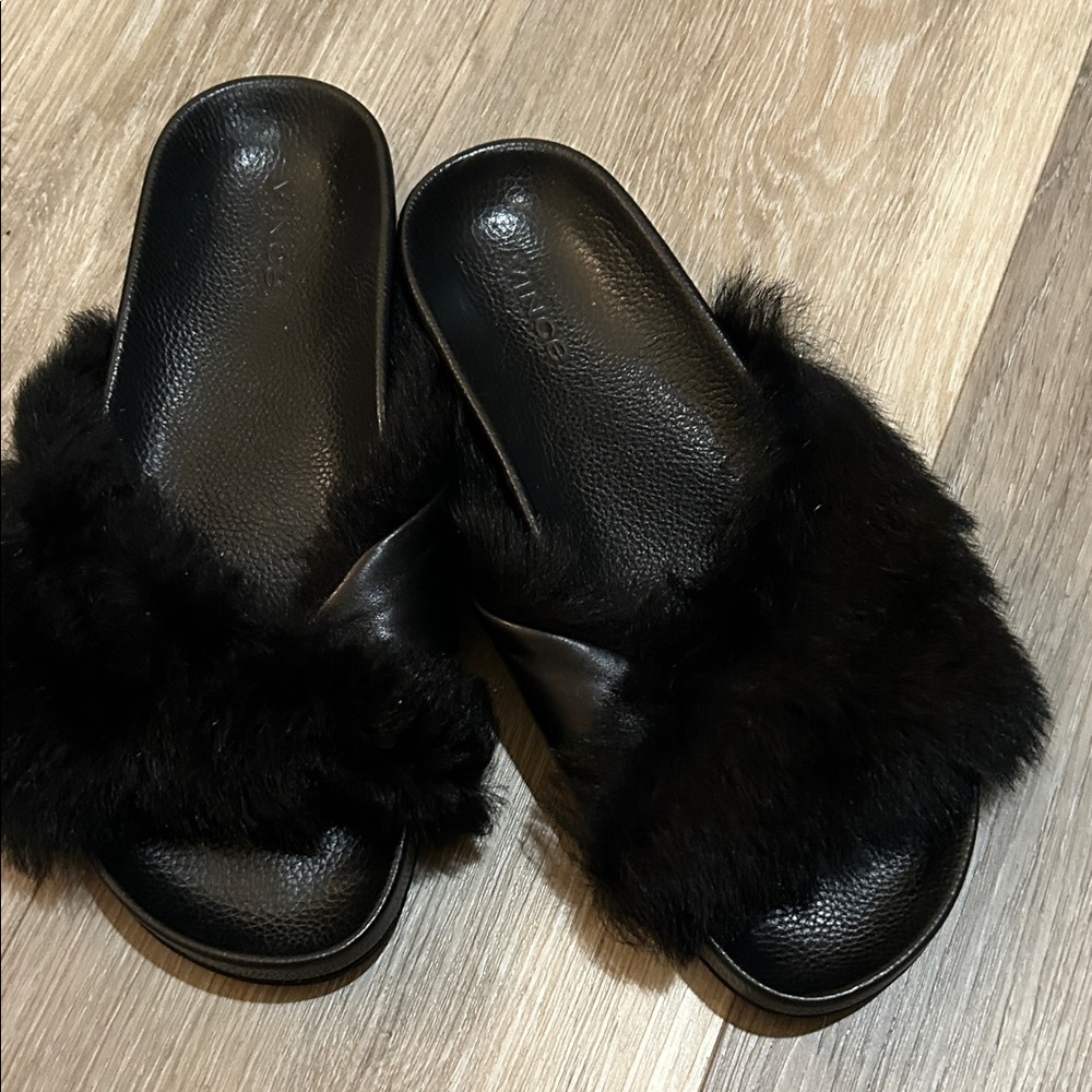 Vince Black Fur Slide Slippers